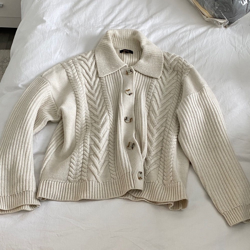 Quince Cream Cable Knit Collared Button Cardigan